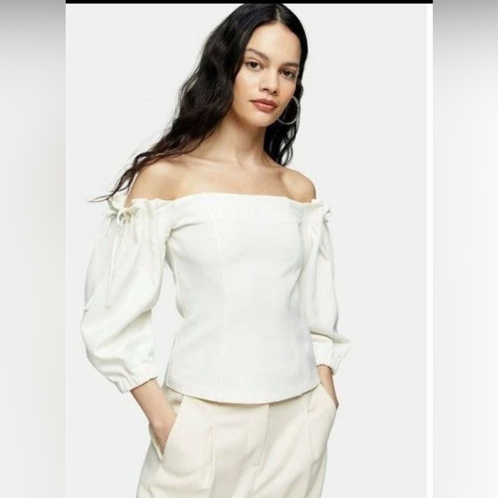 Topshop Off-Shoulder Cream White Bubble Bow Blouse size 6